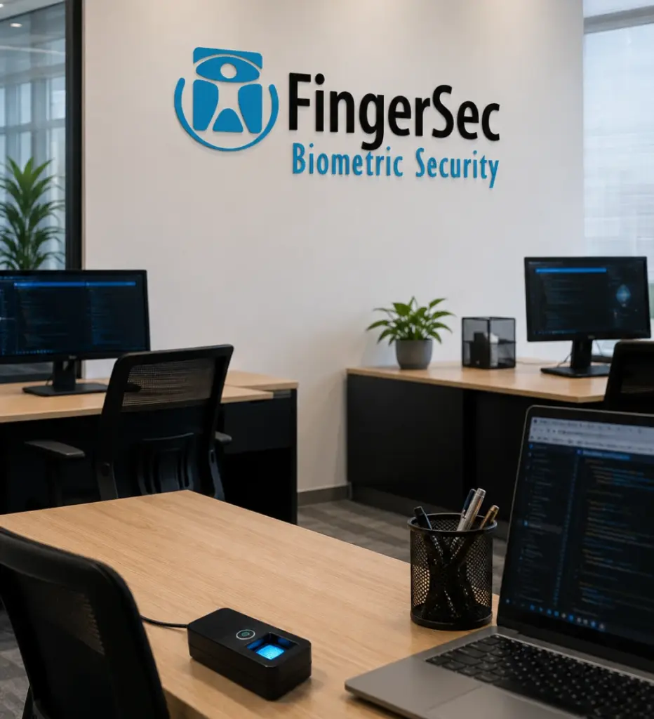 Equipe da Fingersec em escritório com equipamentos de biometria